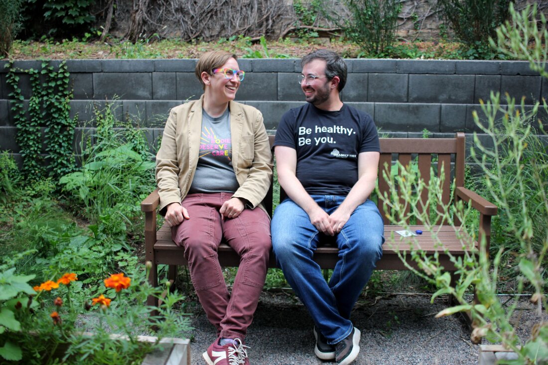 Dr. Kelsey Leonardsmith (left) and colleague Dylan Flunker in the Family Tree Clinic garden in Minneapolis. The two run a program to train more doctors and nurses in the area to be able to provide gender-based care, which is legal in Minnesota, but banned for teenagers in many states around the country.